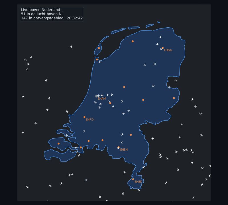 The live map: white aircraft gliding over the Netherlands, orange dots are airfields.
